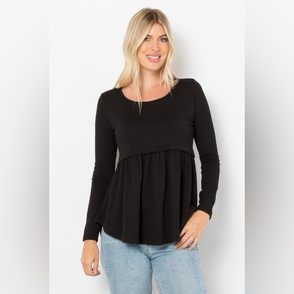 Be Stage Full Size Texture Babydoll Round Neck Long Sleeve Knit Top